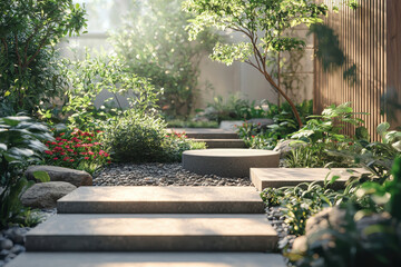 Obraz premium Empty round podium in lush peaceful garden with stone steps