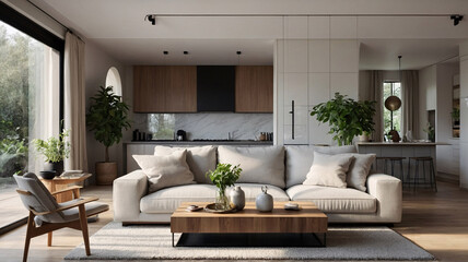 Fototapeta premium Elegant traditional rural home with neutral sofa large windows and luxurious rug under the furniture traditional interior design
