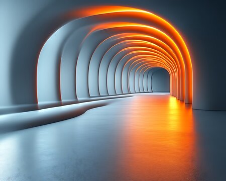 Abstract arched tunnel with glowing orange lights. - Powered by Adobe