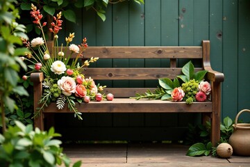 Fototapeta premium Wooden bench adorned with dried flowers and greenery, rustic decor, nature-inspired, floral accents