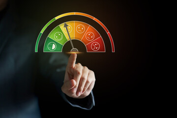 Risk management concept. Businessman touching risk level indicator virtual rating low to high for financial banking analysis and business. money risk assessment, Reducing project risk, invest strategy