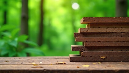 Fototapeta premium Wooden planks stacked vertically on a wooden base, forest, stack