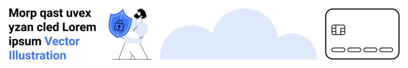 Man holding blue shield with lock, cloud background, text elements, and icon depicting data protection. Ideal for cybersecurity, data protection, online security, cloud security, secure transactions