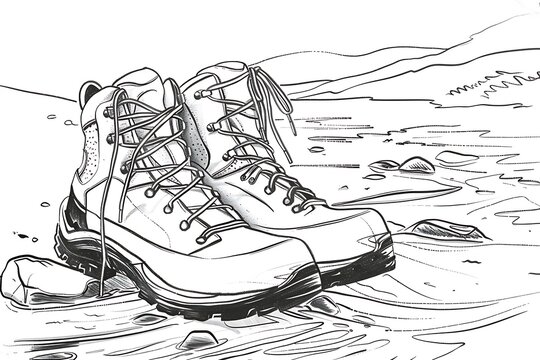 hiking boots by river