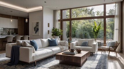 Obraz premium Inviting and stylish traditional rural home with neutral color sofa expansive windows and cozy rug under the furniture traditional interior design