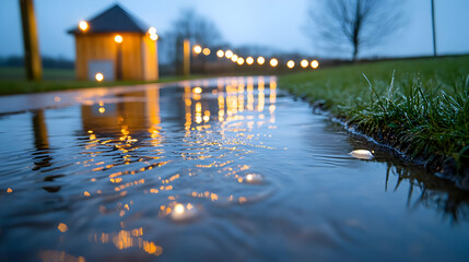 Tranquil evening landscape illuminated pathway reflecting in puddle, near wooden structure, grassy field.  Use website banner, travel brochure