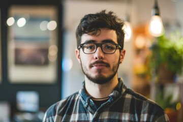 Obraz premium Portrait of a young confident man with glasses and a beard in a coffee shop