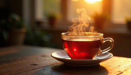 Softly glowing steam rises from a cup of freshly brewed black tea, casting a warm, comforting glow over the scene, soft glow, warm light