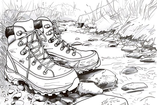 hiking boots by river