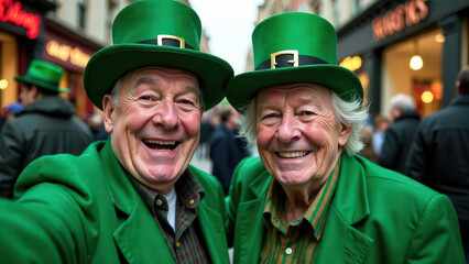 portrait of two old gray-haired elderly men in green suits and leprechaun hats smiling at the camera on the street during the St. Patrick's Day parade
