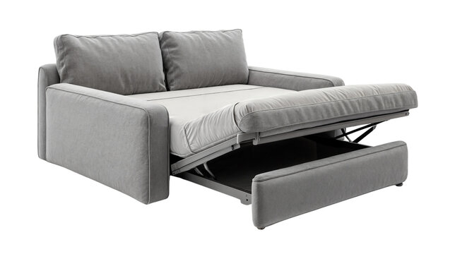 Grey linen sleeper sofa with pull-out bed design, isolated on a transparent background