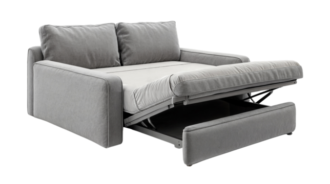 Grey linen sleeper sofa with pull-out bed design, isolated on a transparent background