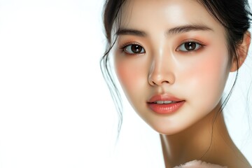 Naklejka premium Close-Up Portrait of a Korean Woman Model for Skincare Advertisement, Isolated on White Background
