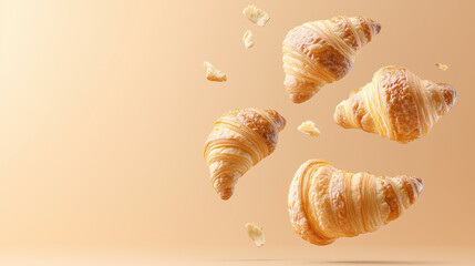 Delicious croissants floating in the air against a pastel brown background, celebrating National Croissant Day on January 30, perfect for food-related visuals, bakery promotions, and culinary celebrat