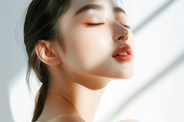 Close-Up Portrait of a Korean Woman Model for Skincare Advertisement, Isolated on White Background