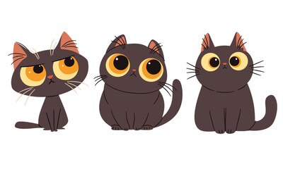 A set of flat vector illustrations in a simple children's style. Cute black cats with big eyes with different emotions. Vector illustration