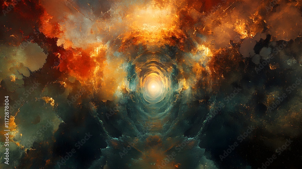 Poster a vibrant abstract artwork depicting a swirling cosmic vortex. intense colors and dynamic energy cre