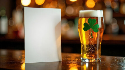 Close-up white card mockup with space for menu text stands on the table next to glass with foamy beer on bar, green shamrock pattern on glass, blurred background, St. Patrick's Day concept
