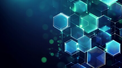Abstract geometric hexagonal shapes in a glowing gradient of blue and green on a dark digital backdrop.