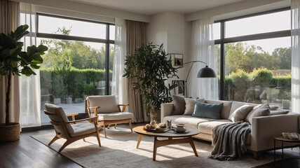 Fototapeta premium Relaxing traditional rural home with neutral sofa large windows and geometric rug under furniture traditional interior design