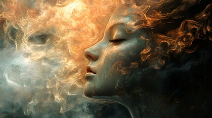 A digital art piece portraying a woman's face emerging from a blend of fire and smoke, creating a serene and mystical atmosphere. complexity of the mind in schizophrenia, abstract