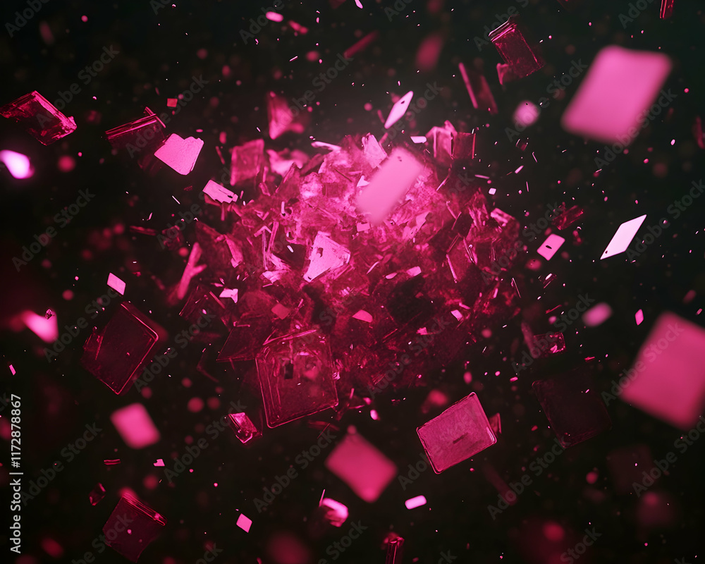 Poster abstract image of exploding pink crystals or shards, dynamic movement, dark background. perfect for 
