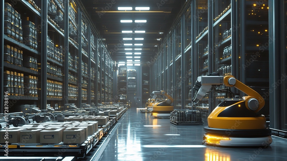 Poster futuristic 3d rendering of warehouse with robots for sorting tasks
