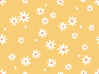 Retro seamless pattern with white small flower and flying petals on yellow background vector.