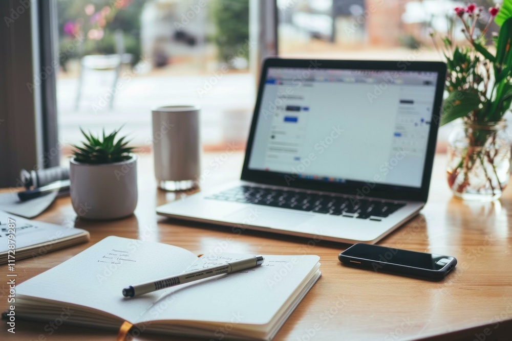 Poster open laptop computer on desk with notebook and pen showing a workplace setting