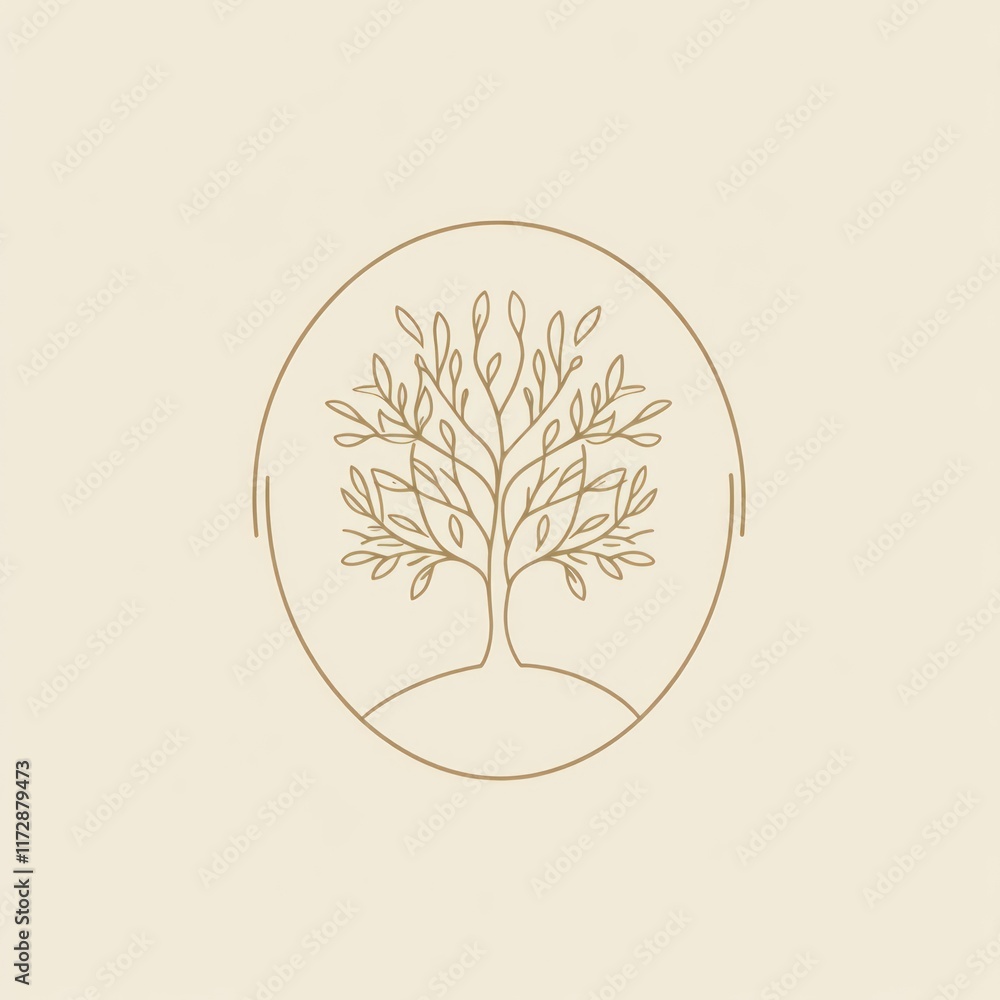 Poster elegant line art tree design in circular frame