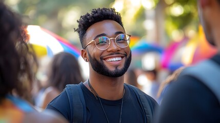 Fototapeta premium A smiling man with glasses enjoys a vibrant pride parade. He radiates happiness and positivity. A community gathering for HIV awareness