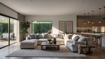 Spacious and tranquil traditional rural living room with neutral sofa large windows and handwoven rug beneath furniture traditional interior design