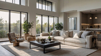 Spacious traditional rural home with neutral sofa large windows and elegant rug beneath the furniture traditional interior design