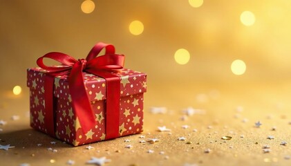 Obraz premium Winter gift box with red ribbon on festive gold background, box, holiday