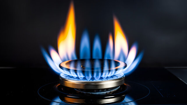 Hornillo de gas encendido con llama brillante.