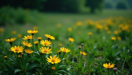 Fototapeta premium A dark landscape with scattered bright yellow wild flowers, countryside, spring blooms