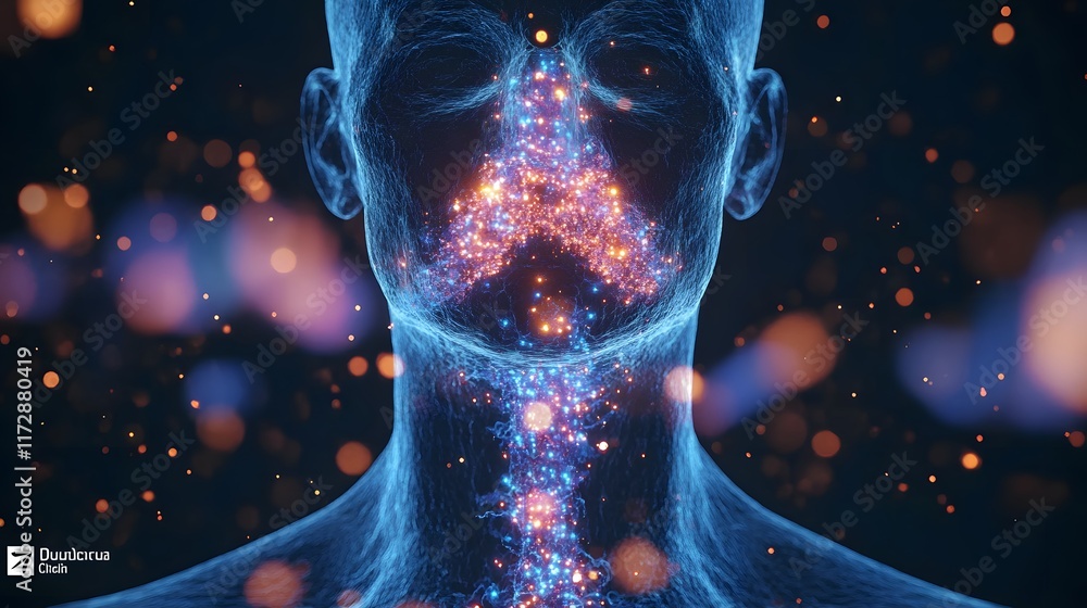 Poster abstract 3d rendering of a human form with energy flowing through it. glowing particles depict inner