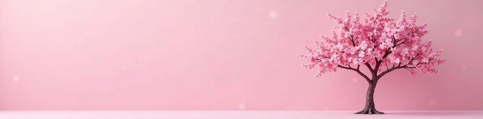 A lone tree branch bearing clusters of pale pink flowers against a soft pink background, tree, pink