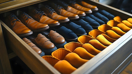 Neatly organized men's shoes in a wooden drawer, showcasing various colors and styles.