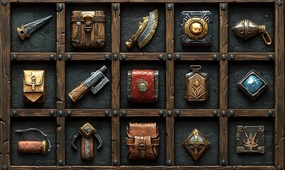 3D RPG inventory icons featuring weapons potions armor and tools on textured wood leather and metal backgrounds