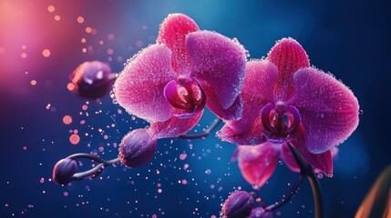 Colorful Neon Splash with Bright Pink Orchid Flowers and Bubbles