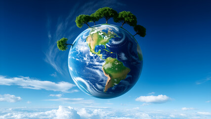 Naklejka premium Earth nature globe with trees growing and clouds. Generative AI