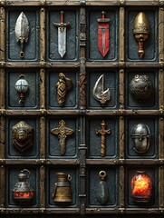 3D RPG inventory icons featuring weapons potions armor and tools on textured wood leather and metal backgrounds