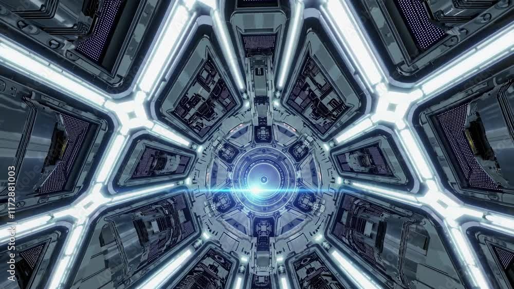Poster Exploring the intricate design of a futuristic spacecraft interior with advanced lighting and technology