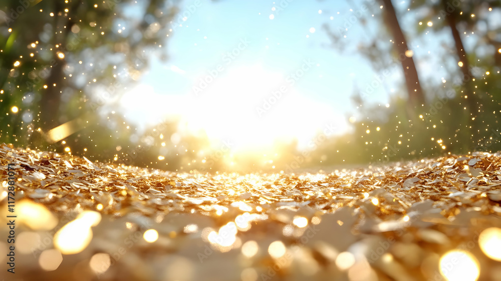 Poster golden sparkles falling on ground at sunset in forest; background bokeh; ideal for magical, fantasy,