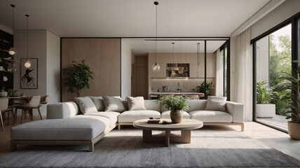 Fototapeta premium Timeless traditional rural living room with neutral color sofa large windows and a vintage rug beneath the furniture traditional interior design