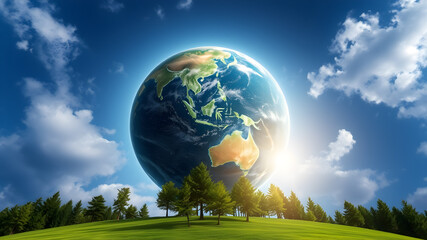 Naklejka premium Earth nature globe with trees growing and clouds. Generative AI