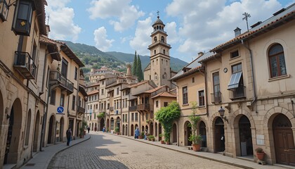 Obraz premium Charming cobblestone street in a historic European town, nestled against a verdant mountain backdrop.