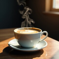 Cup of steaming coffee on wooden table with steam rising, table, liquid