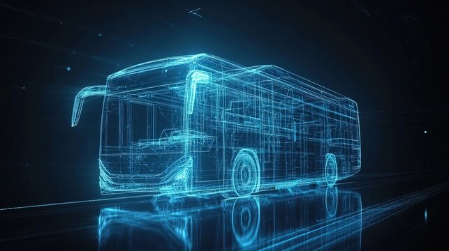 Digital blueprint of a blue bus over dark reflective surface.